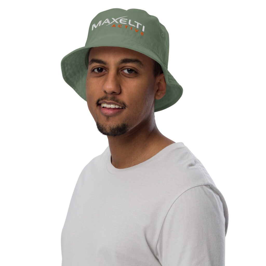 Man wearing the dill green organic bucket hat with MAXELTI ACTIVE embroidered on the front