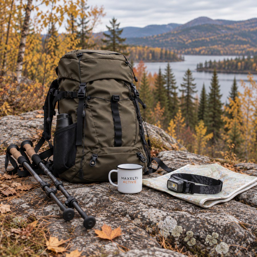 Outdoor gear laid out on a rock ledge in autumn: backpack, trekking poles, headlamp, map and a MAXELTI Active enamel mug