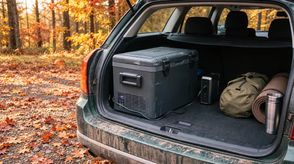 A 12 V compressor fridge connected by cable to a portable power station in the boot of a car parked in an autumn forest, alongside a duffel bag and a rolled sleeping mat