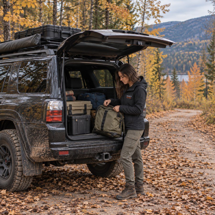 Woman in a MAXELTI Active jacket loading gear into a roof-racked 4x4 on an autumn forest track
