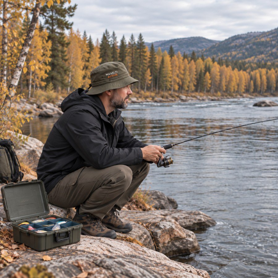 Angler in a MAXELTI Active hat fishing a fast autumn river with an open tackle box on the rocks