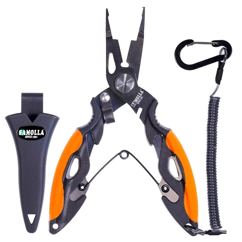 SAMOLLA fishing pliers with moulded sheath and coiled lanyard