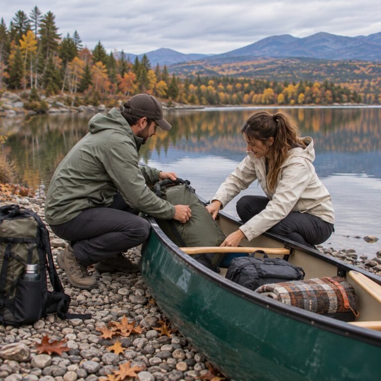 Two friends loading a dry bag into a canoe on a pebbled autumn lakeshore
