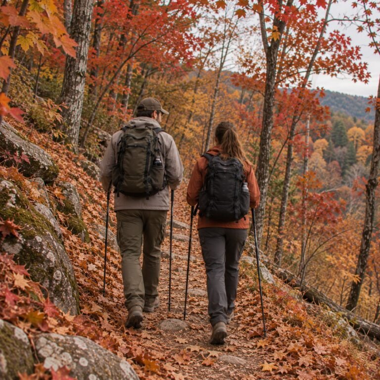Couple with trekking poles walking a narrow path lined with red and orange maples