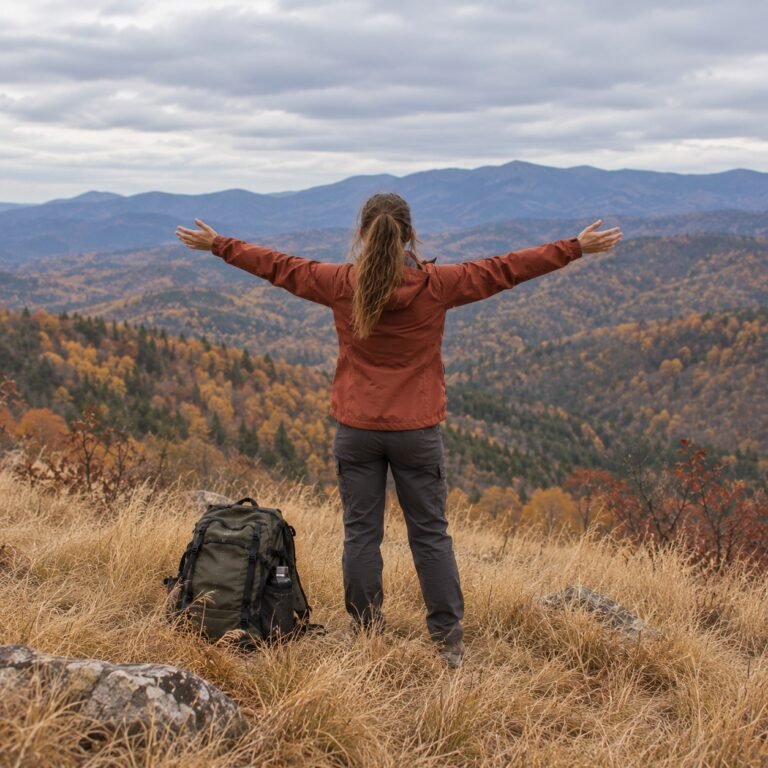 Hiker on a grassy hill crest with arms thrown wide facing distant blue mountains