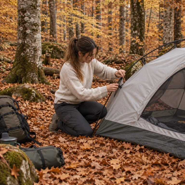 Woman kneeling on golden beech leaves threading a pole through a half-raised tent