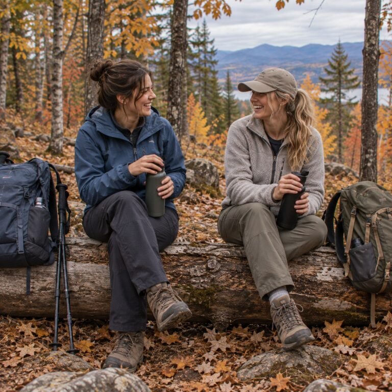 Two friends laughing on a fallen log at a trail rest stop with their backpacks beside them