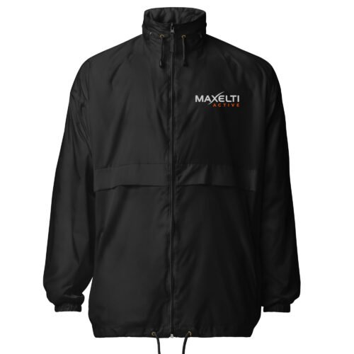 Black hooded windbreaker jacket with MAXELTI ACTIVE embroidered on the chest, front view