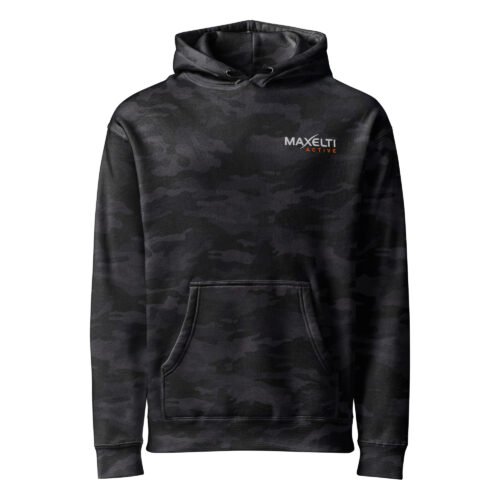 Black camo heavyweight hoodie with MAXELTI ACTIVE embroidered on the left chest