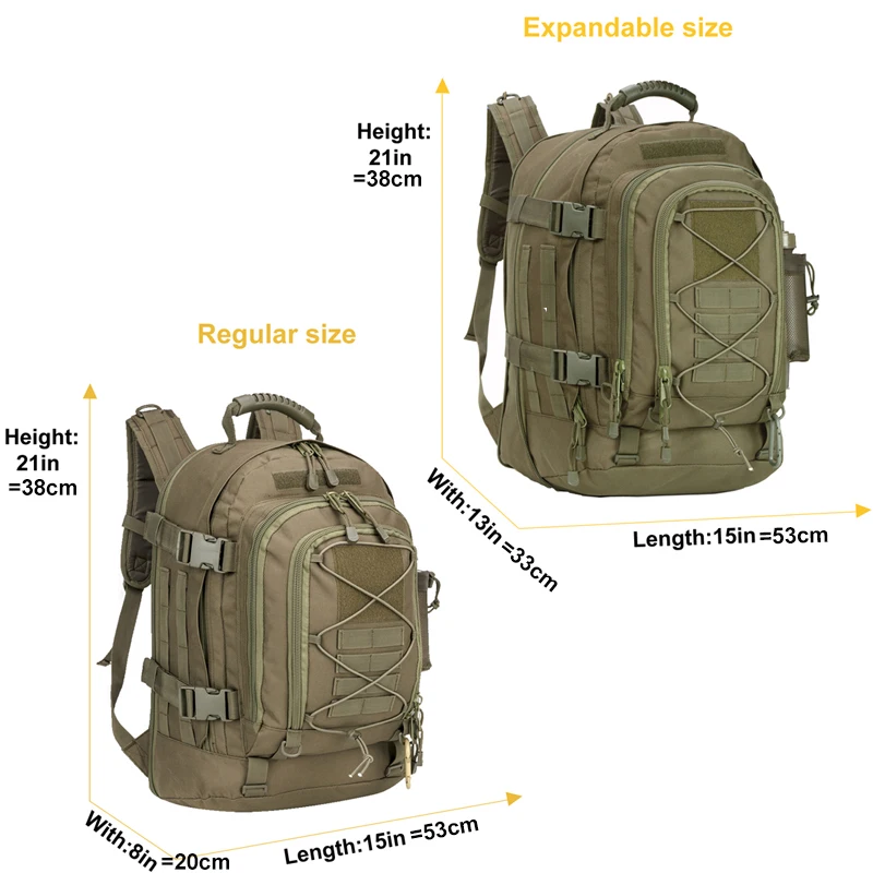 Molle hiking backpack shown at regular size and expanded size with height, length and width measurements