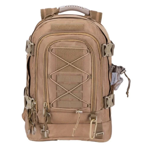 Brown molle hiking backpack with expandable main compartment and front webbing