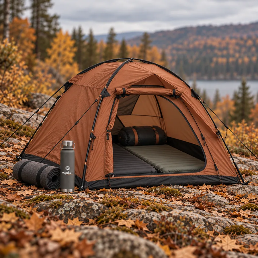 Rust coloured dome camping tent with the door open showing sleeping mats inside, and a MAXELTI Active insulated bottle on the rock, autumn lake behind
