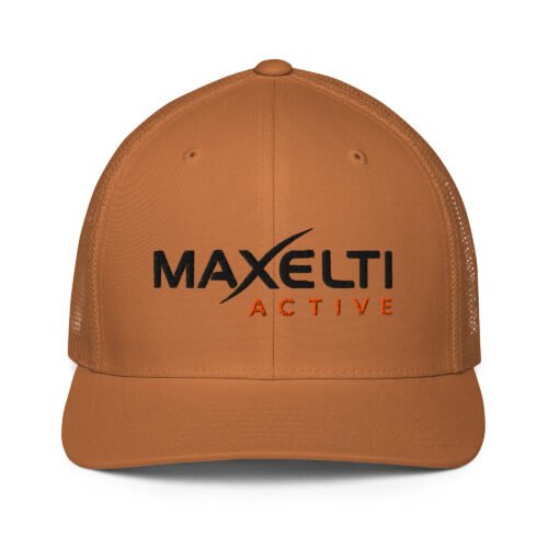 MAXELTI Active stretch fit trucker cap in caramel, front view with the brand mark embroidered on the front panel