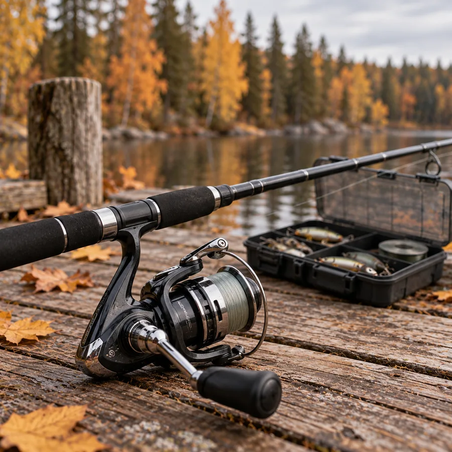 Fishing rod with a black spinning reel and an open tackle box on a weathered wooden dock over an autumn lake