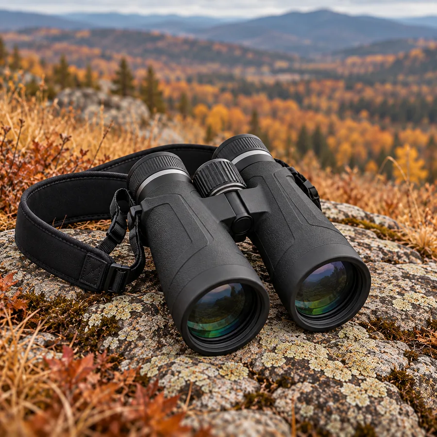 Professional black roof prism hunting binoculars with a neoprene strap resting on a lichen covered granite slab above an autumn valley