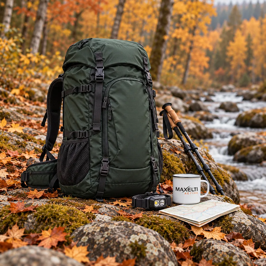Green hiking backpack with trekking poles, head torch, map and MAXELTI Active enamel mug on a mossy bank beside an autumn mountain stream