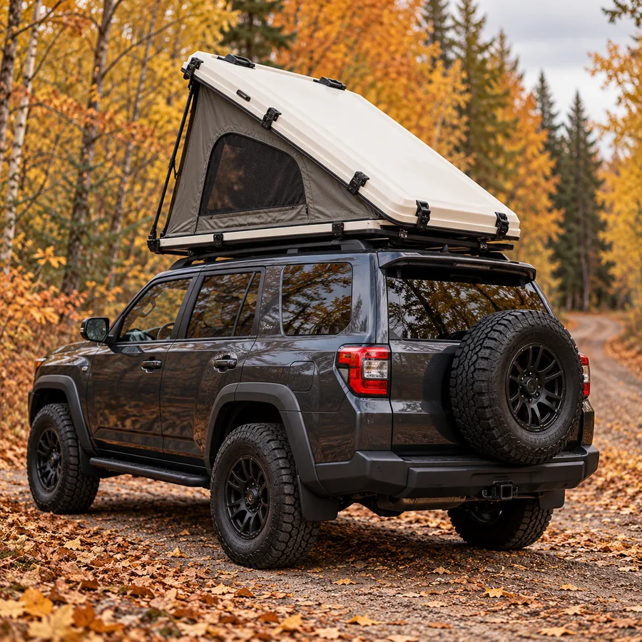 Clean off-road vehicle with an open hard-shell rooftop tent parked on an autumn dirt forest road