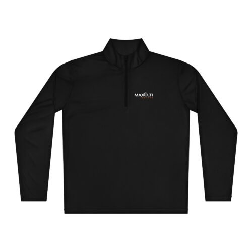 MAXELTI Active quarter zip pullover in black, front view with the chest logo